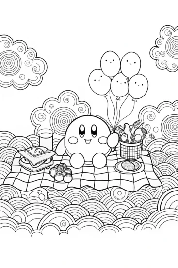 A coloring page of Kirby’s Joyful Picnic in the Clouds