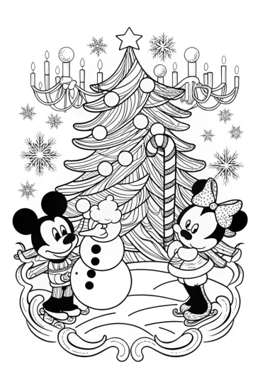 A coloring page of Mickey and Minnie’s Magical Winter Wonderland