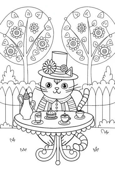 A coloring page of Whimsical Cat’s Delightful Tea Party Adventure