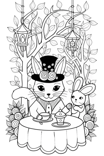 A coloring page of Whimsical Cat Tea Party with the Charming Bunny Companion