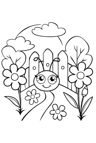 A coloring page of Adventures with Bella the Happy Bug in the Garden