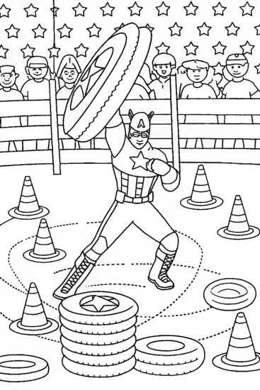 A coloring page of Captain America at the Shield Training Camp Fun!