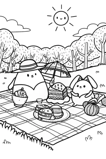 A coloring page of Squishmallow Picnic Adventure with Huggles and Bubbles