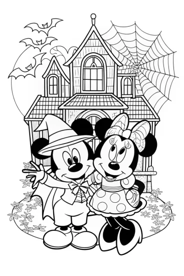 A coloring page of Mickey and Minnie’s Spooky Halloween Celebration