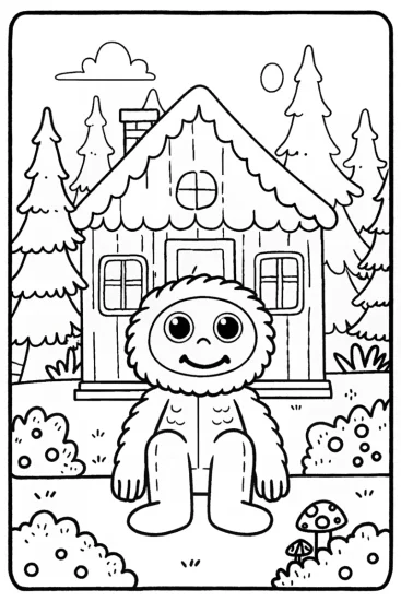 A coloring page of Huggy Wuggy’s Cozy Cottage Coloring Adventure