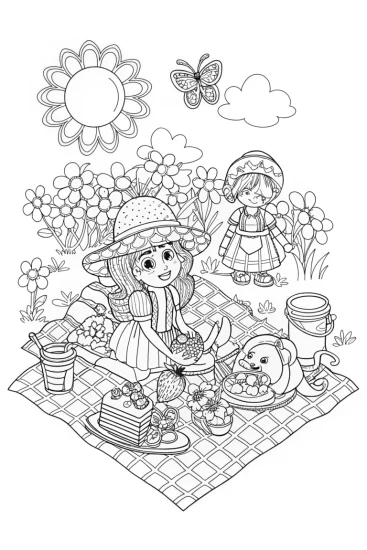 A coloring page of Strawberry Shortcake’s Picnic Party Fun!