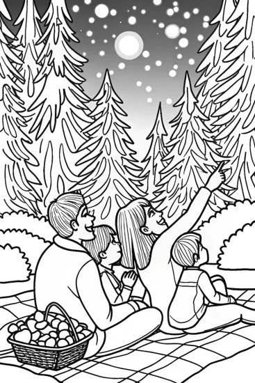 A coloring page of Summer Stargazing Family Coloring Page