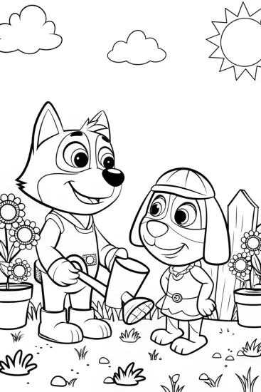 A coloring page of Bluey and Bingo’s Fun Garden Adventure