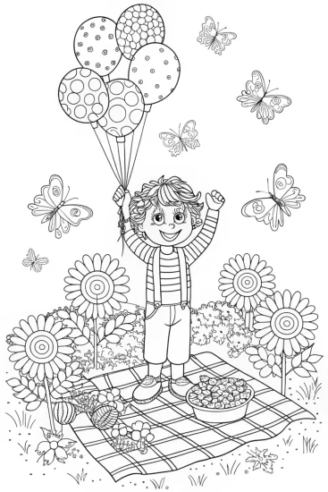 A coloring page of Cocomelon’s Joyful Garden Party with Balloons and Butterflies