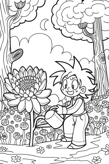 A coloring page of Goku’s Garden of Wonders Coloring Page