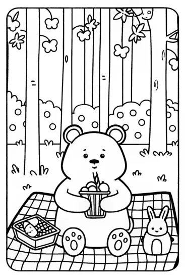 A coloring page of Friendly Forest Picnic with Benny the Bear and Bunny