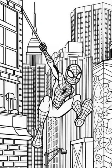A coloring page of Miles Morales Swinging Through the Cityscape
