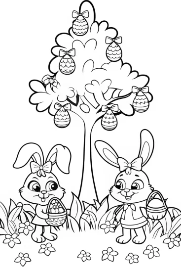 A coloring page of Easter Egg Hunt Adventure with Benny and Bella Bunny