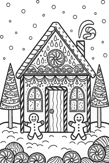 A coloring page of Gingerbread Wonderland with Happy Gingerbread Friends