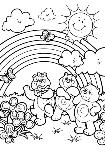 A coloring page of Care Bears in a Colorful Rainbow Garden Adventure