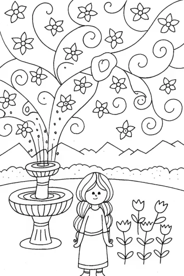 A coloring page of Jasmine’s Magical Garden Adventure