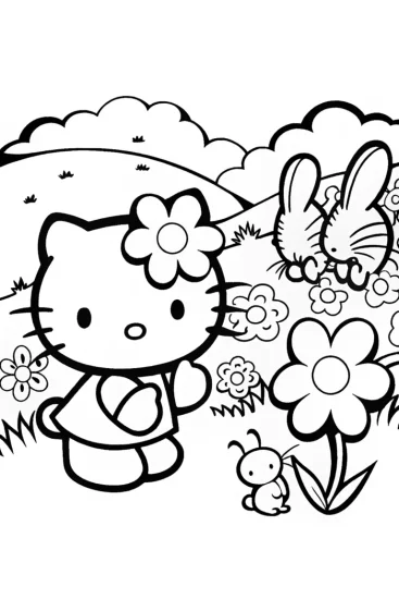 A coloring page of Hello Kitty’s Adventure in the Magical Garden