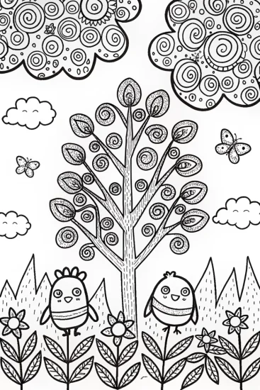 A coloring page of The Enchanted Garden of Banban’s Colorful Friends