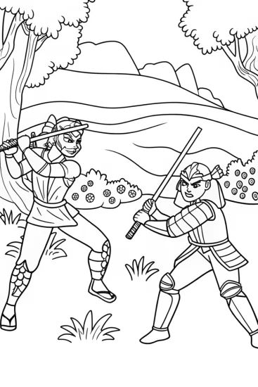 A coloring page of Enchanted Duel of the Demon Slayers Coloring Page