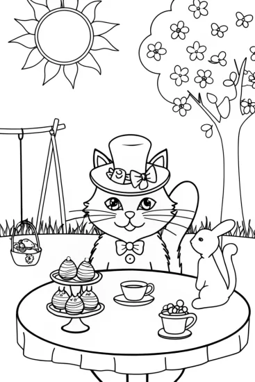 A coloring page of Whimsical Cat’s Tea Party with a Bunny Friend