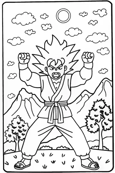 A coloring page of Goku’s Epic Training Adventure in the Mountains