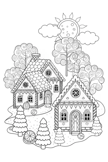 A coloring page of Charming Gingerbread Village Quest