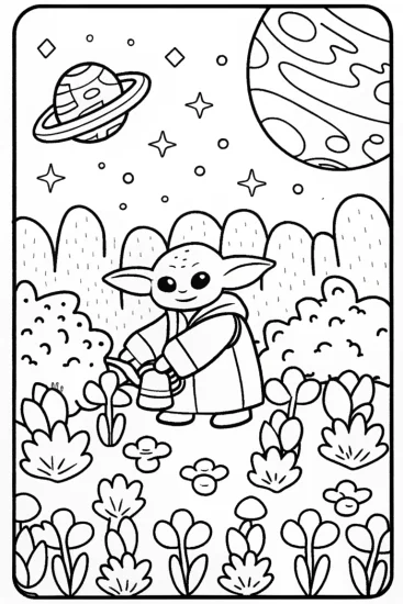 A coloring page of Baby Yoda’s Gardening Adventure in Space