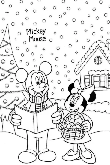 A coloring page of Mickey Mouse Christmas Caroling Coloring Page