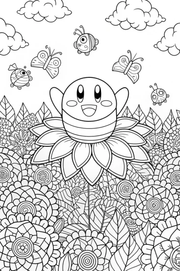 A coloring page of Kirby’s Flower Garden Adventure Coloring Fun