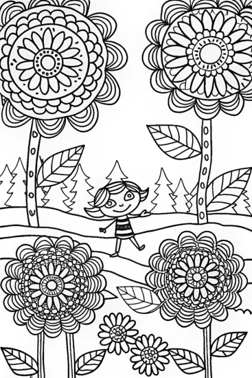 A coloring page of Banban’s vibrant garden exploration