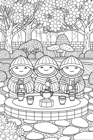 A coloring page of Ninja Tea Time with Friends in a Serene Garden