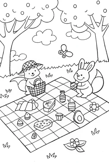 A coloring page of Whimsical Spring Picnic with Squeaky the Squirrel and Benny the Bunny
