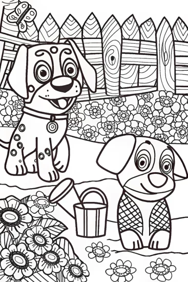 A coloring page of Bluey and Bingo’s Colorful Garden Adventure
