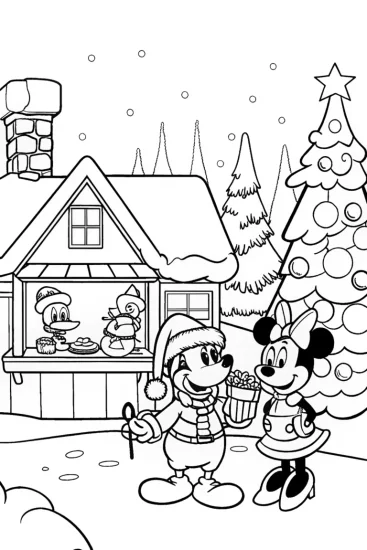 A coloring page of Mickey and Minnie’s Magical Holiday Bazaar Fun