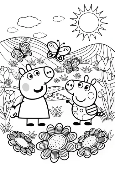 A coloring page of Peppa Pig’s Garden Adventure with Friends