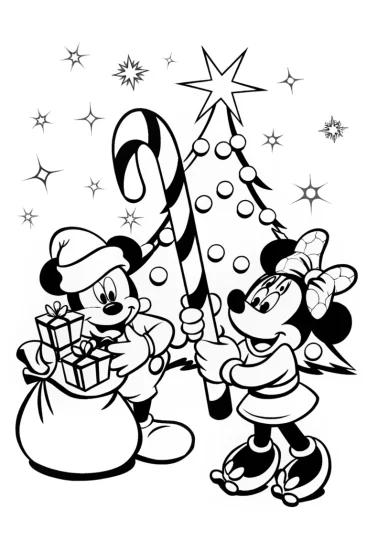 A coloring page of Mickey and Minnie’s Festive Christmas Celebration