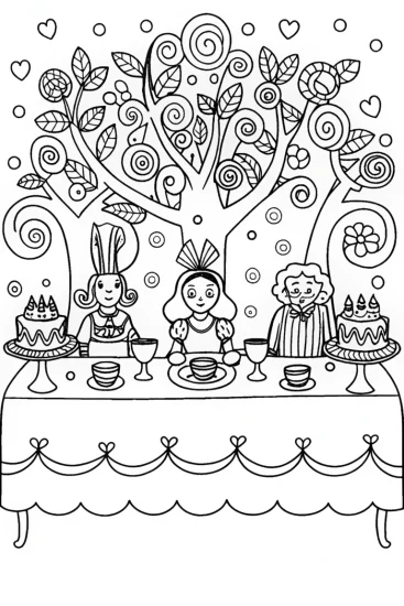 A coloring page of Tea Party Surprise with Alice and Friends