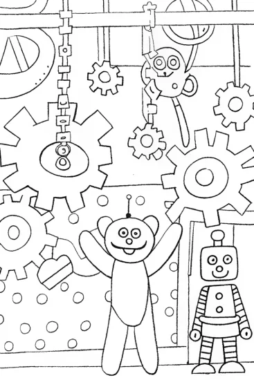 A coloring page of Huggy Wuggy’s Gear-Powered Playtime Adventure!