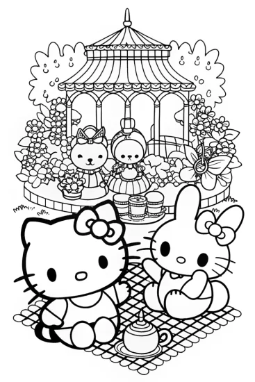 A coloring page of Hello Kitty’s Charming Garden Tea Party Adventure