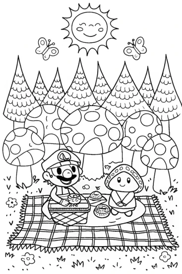A coloring page of Mario’s Picnic Adventure: Fun in the Mushroom Forest!