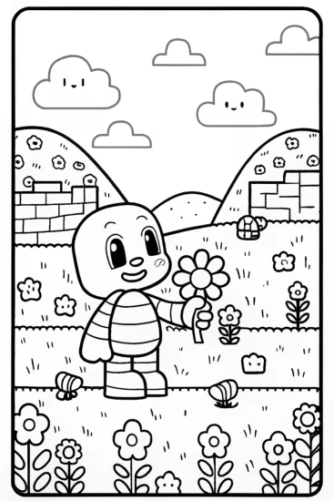 A coloring page of Creeper’s Colorful Flower Adventure in the Garden