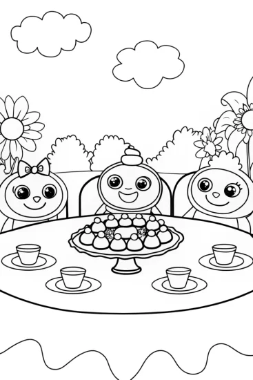 A coloring page of The Rainbow Tea Party with Friends
