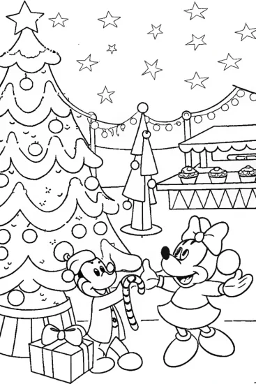 A coloring page of Mickey and Minnie Celebrate at the Christmas Market