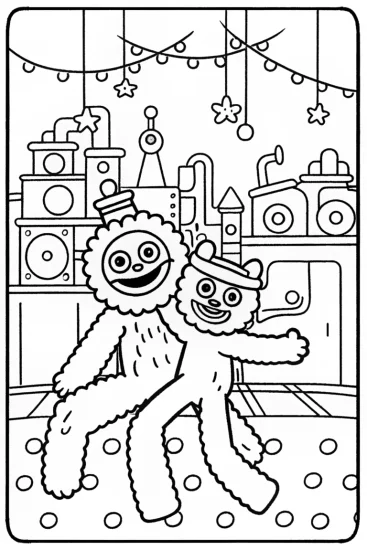 A coloring page of Huggable Friends at the Whimsical Factory Adventure