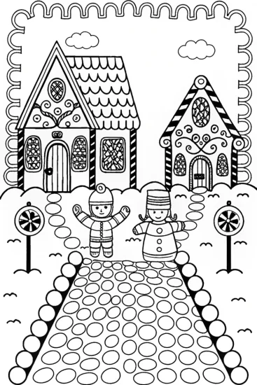 A coloring page of Gingerbread Village with Gingerbread Characters Galore!