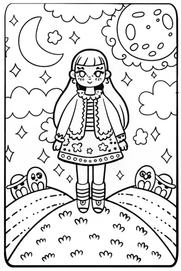 A coloring page of Dreamy Nighttime Adventures with Luna and Friends