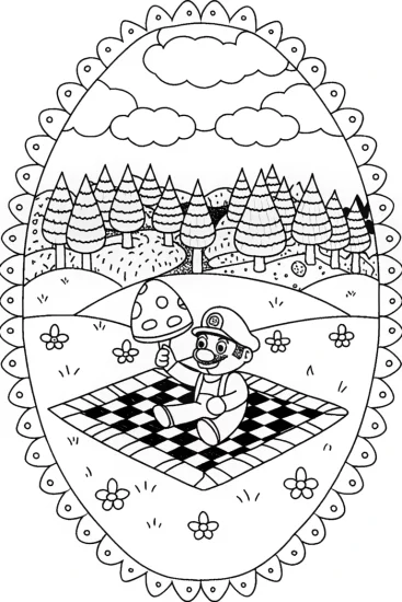 A coloring page of Mario’s Mushroom Garden Party Adventure