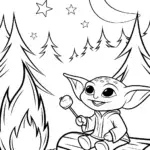 Baby Yoda’s Starry Night Campfire Coloring Page