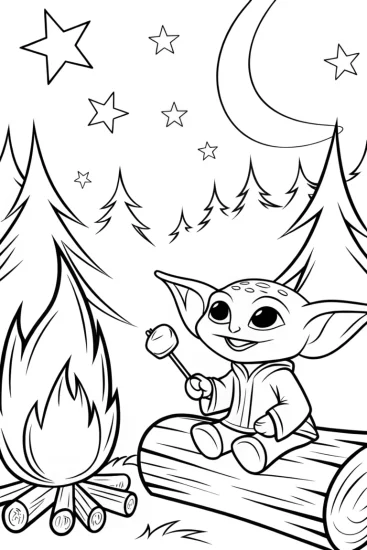 A coloring page of Baby Yoda’s Starry Night Campfire Coloring Page