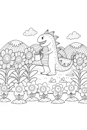 A coloring page of Godzilla’s Colorful Gardening Adventure